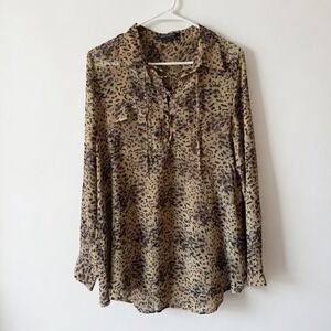 BCBGMaxAzria Leopard Print Sheer Lace Up V-Neck Blouse Large